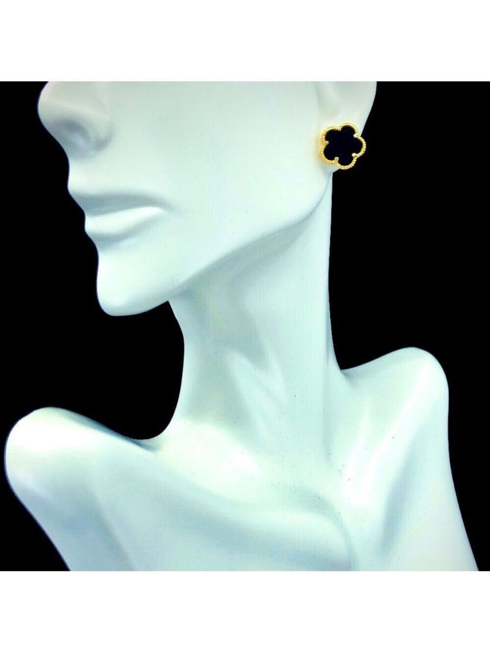 Clover 5 Leave Stud Earrings 18k GP 925 Sterling Silver / Black Onyx - Picture 3 of 6